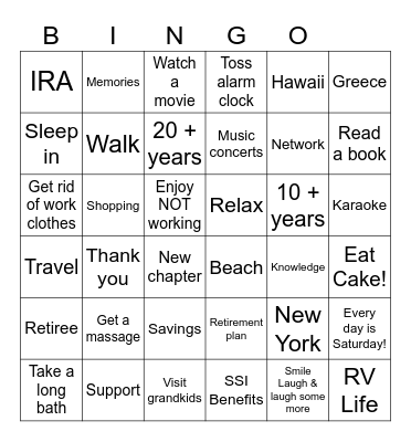 Retirement Bingo Card