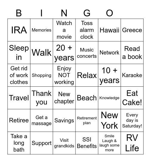 Retirement Bingo Card