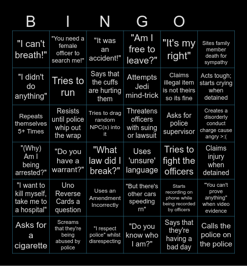 Police Cam-Footage Bingo Card