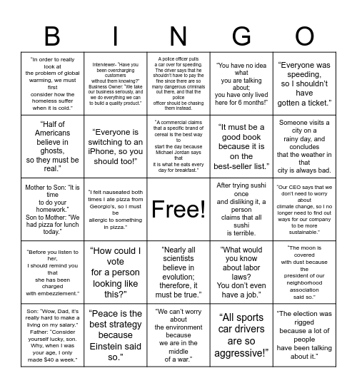 BINGO Logical Fallacies Bingo Card