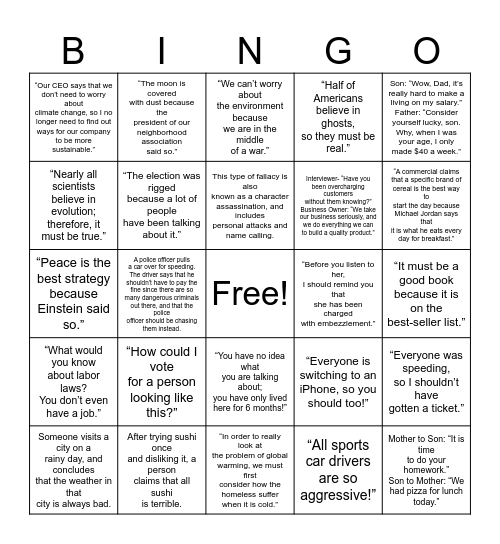 BINGO Logical Fallacies Printable Bingo Card