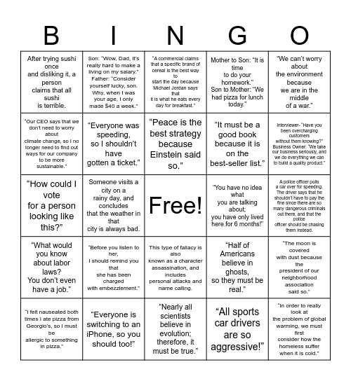 BINGO Logical Fallacies Printable2 Bingo Card