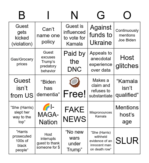 Political Debate Bingo Card