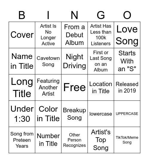 Spotify Bingo Card