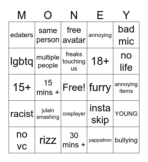 neighbors Bingo Card