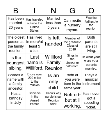 Williford Family Reunion Bingo Card
