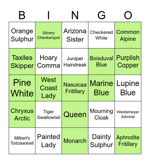 Butterfly Bingo Card