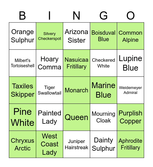 Butterfly Bingo Card