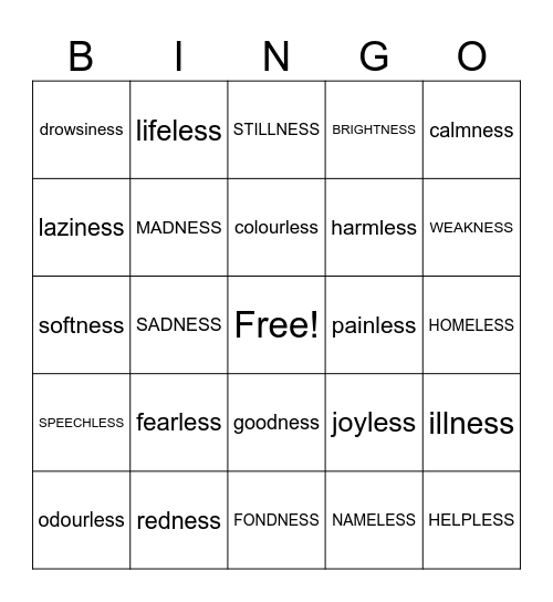 suffix -ness -less Bingo Card