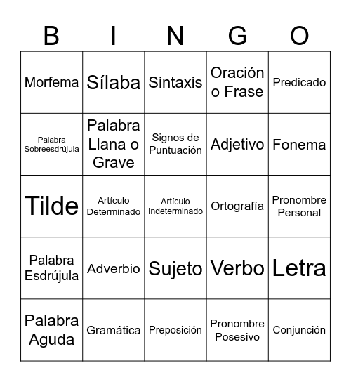 Bingo Gramatical Bingo Card