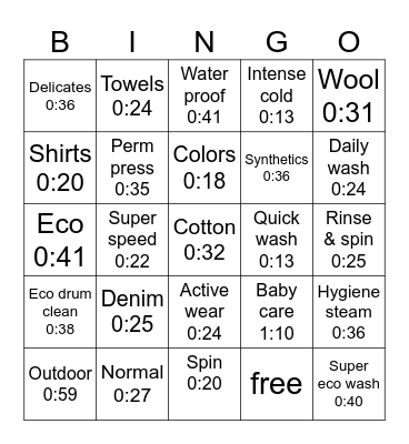 washer and dryer Bingo Card