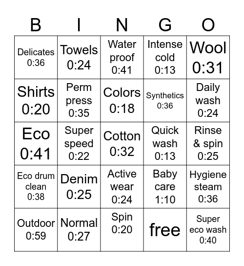 washer and dryer Bingo Card