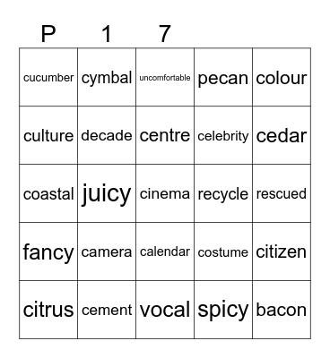 Purple 17 Bingo Card