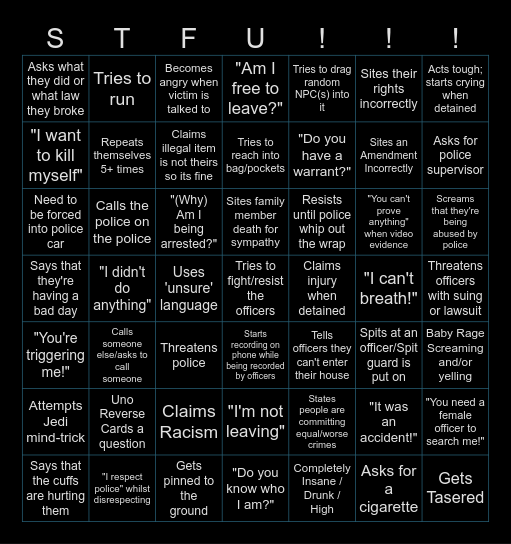 Police Cam-Footage Bingo Card