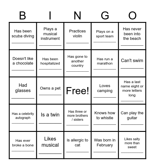 Get to Know Your Friends Bingo Card