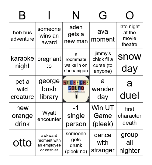 Squeegee Sophomore Year Bingo Card