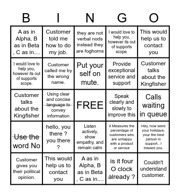 CUSTOMER SERVICE BINGO Card