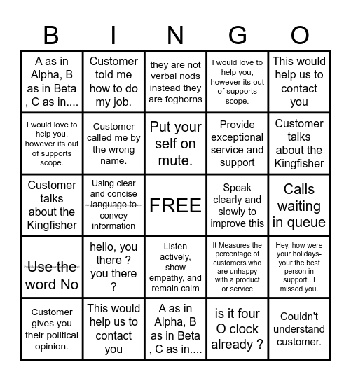 CUSTOMER SERVICE BINGO Card