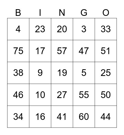 Number Bingo 1-60 Bingo Card