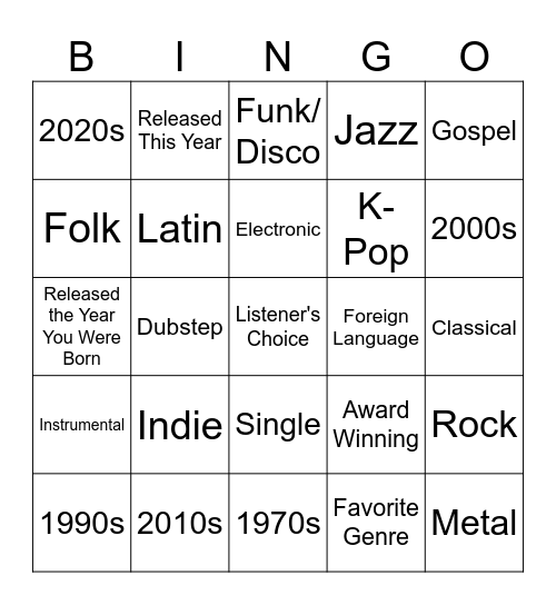 Music Bingo Card