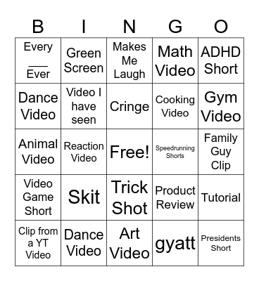 YT Shorts Bingo Card