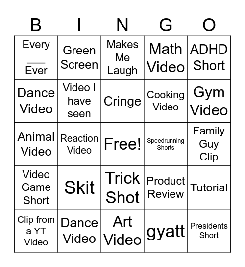 YT Shorts Bingo Card