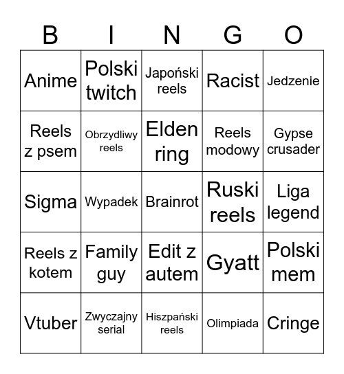 Instagram Bingo Card