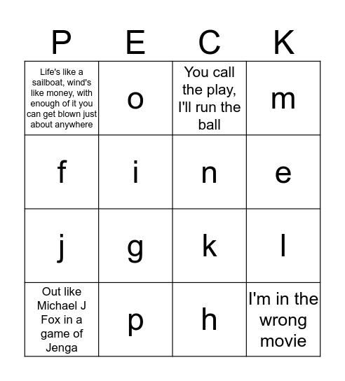 Kevin Peck Bingo Card