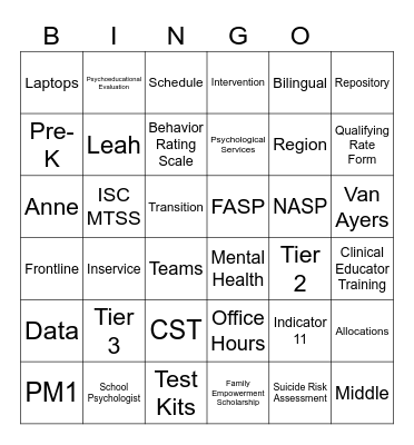 School Psychology Bingo Card