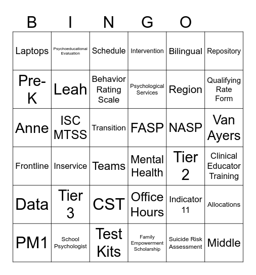 School Psychology Bingo Card