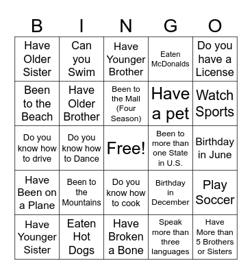 Ice-Breaker Scavenger Hunt Bingo Card