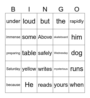 Word Class Bingo Card