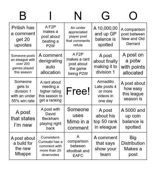 PESmobile Sub Bingo Card