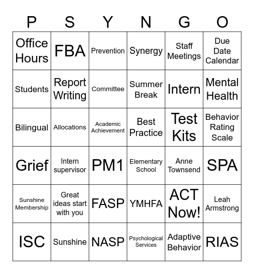 School Psychology Bingo 2025 Bingo Card