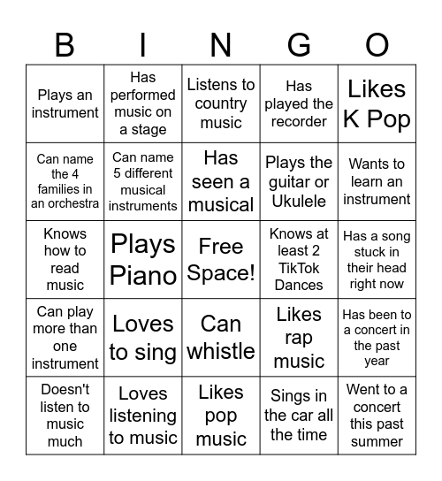 Getting to Know You Music Bingo Card