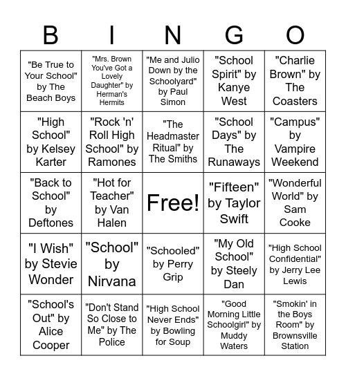 School Bingo Card