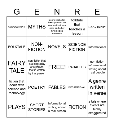 GENRES OF LITERATURE Bingo Card