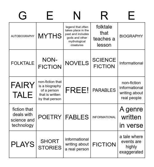 GENRES OF LITERATURE Bingo Card