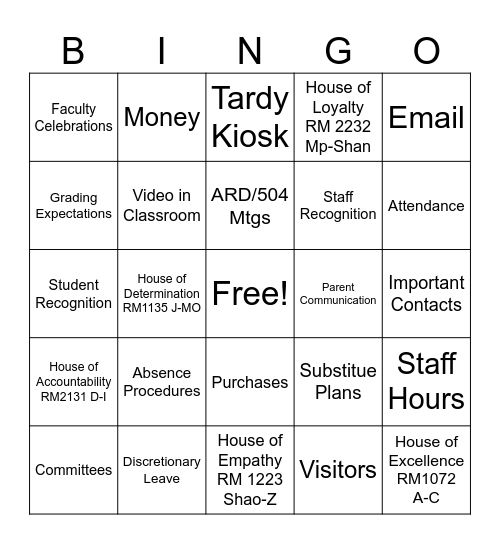 WGHS Faculty Guide Bingo Card