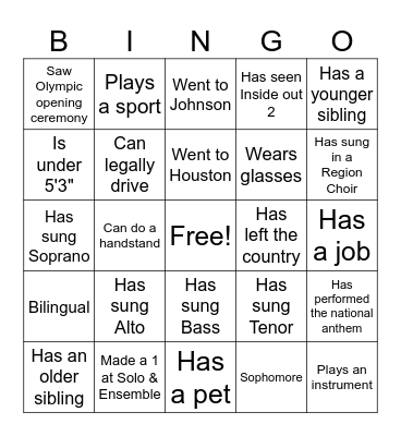 Choir Bingo Card