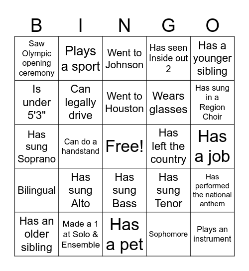 Choir Bingo Card