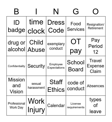 HR Handbook Bingo Card