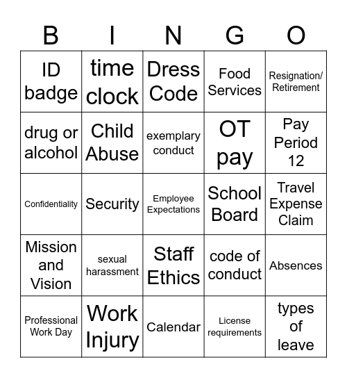 HR Handbook Bingo Card