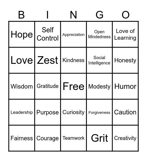 Character Strength BINGO Card