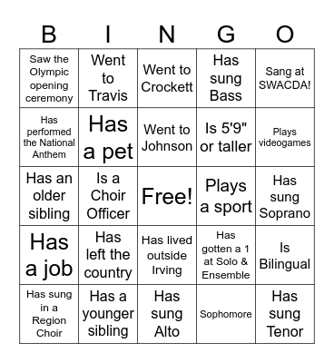 Choir Camp! Bingo Card