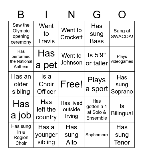 Choir Camp! Bingo Card