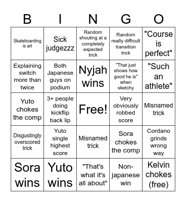 Mens street finals Bingo Card
