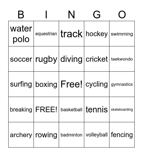 OLYMPIC SPORTS Bingo Card