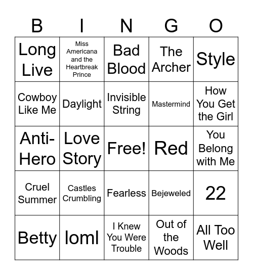 Taylor Swift Music Bingo Card