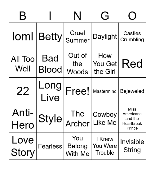 Taylor Swift Music Bingo Card